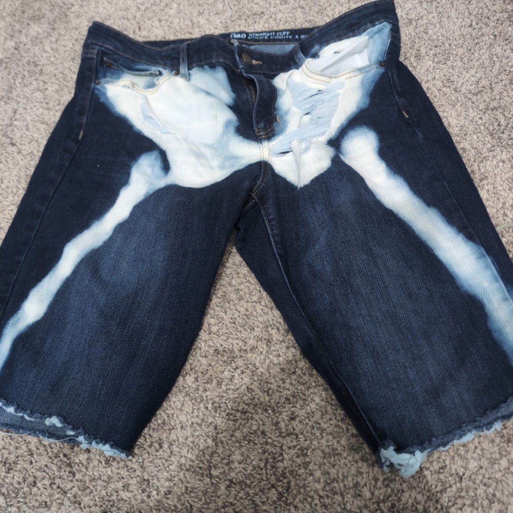 Blue and White Distressed Cut-Off Jeans